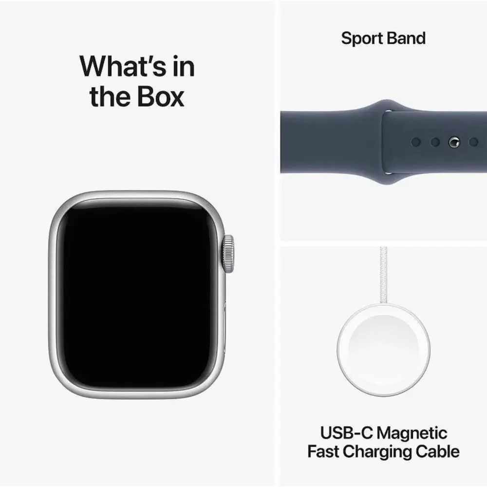 Apple Watch Series 9 GPS 41mm Silver Aluminum Storm Blue Sport Band S/M NEW